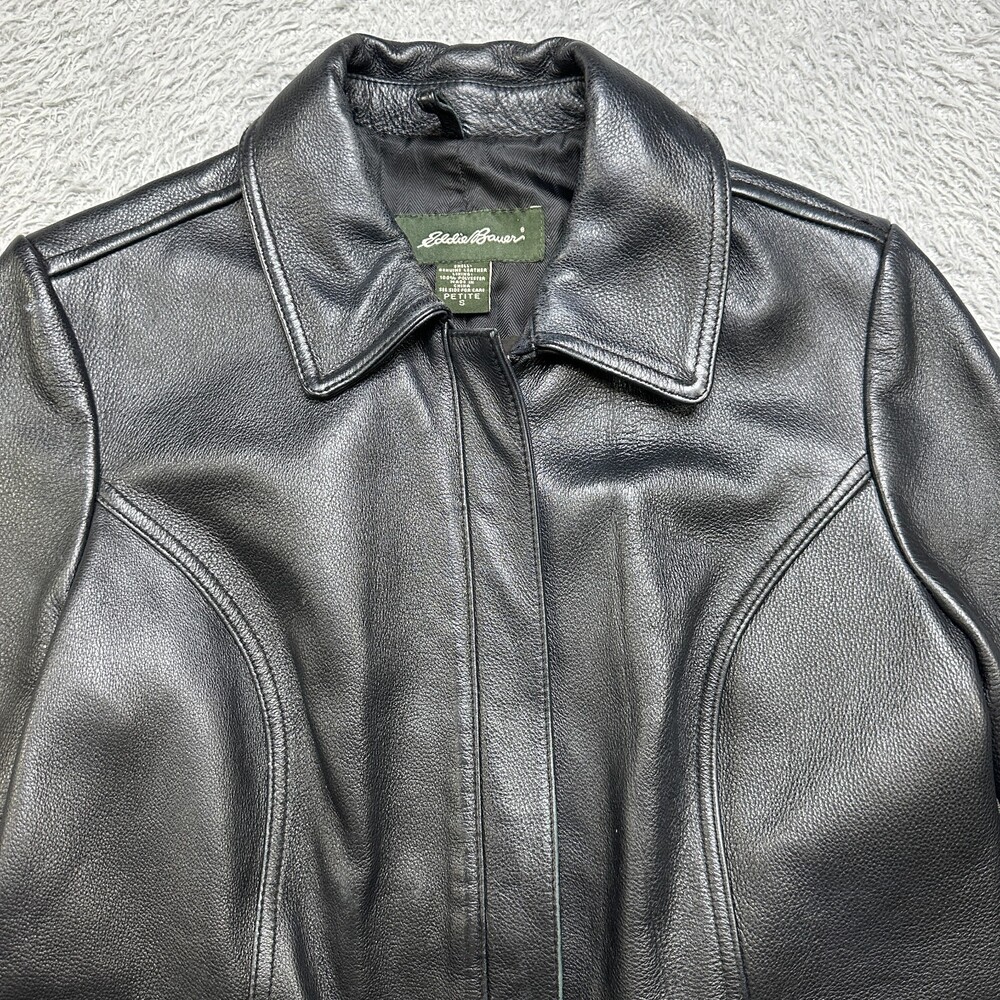 Eddie Bauer Leather Jacket Womens S Petite Black Motorcycle Thick Heavy Biker